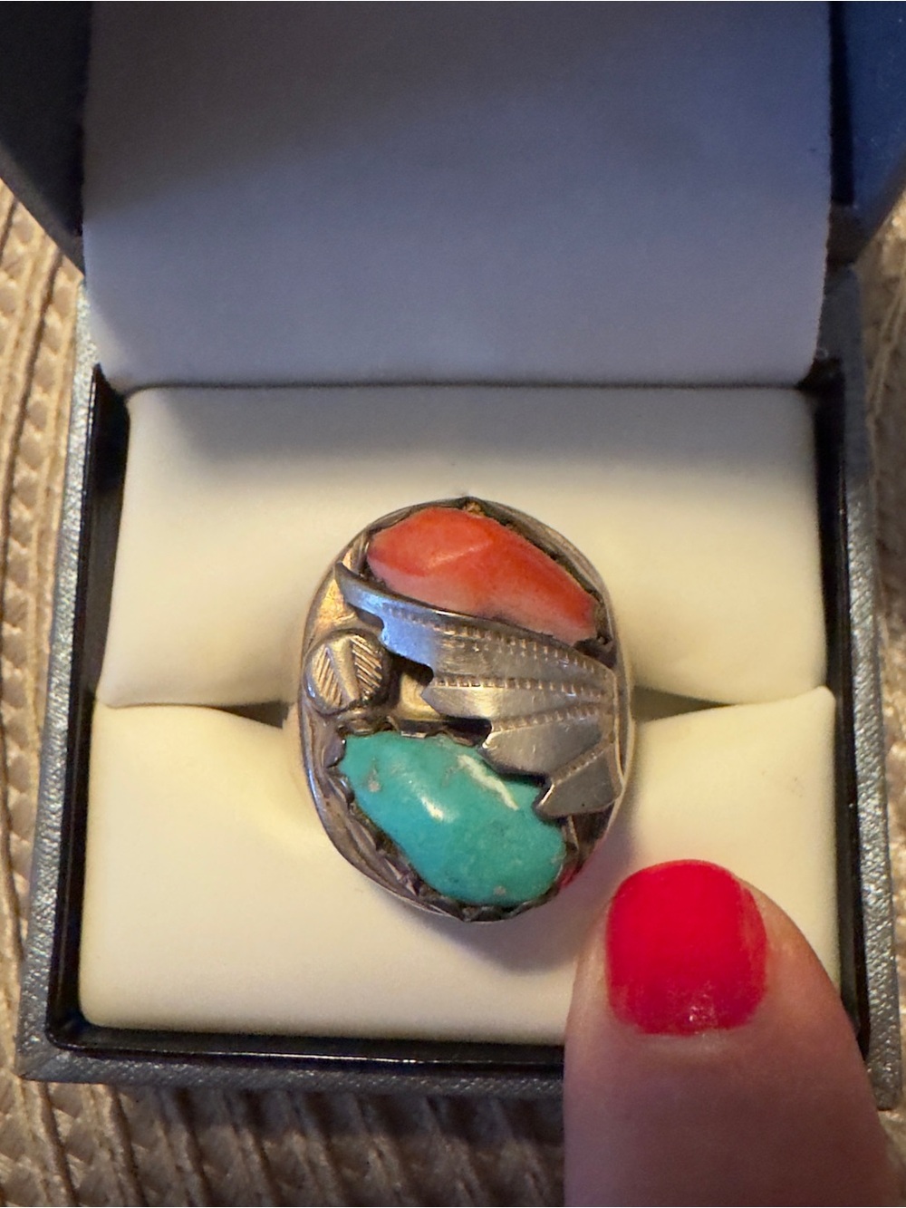 925 Sterling Silver Turquoise and Coral Inlay Statement Ring vintage
